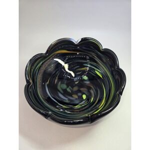 Murano Art Glass Bowl Black Swirl Aventurine Confetti Scalloped Rim 6"